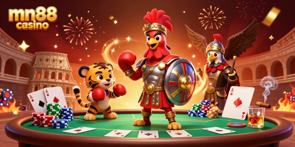 Engaging mn88 casino scene with a gladiator rooster and tiger cub amidst poker action and confetti.
