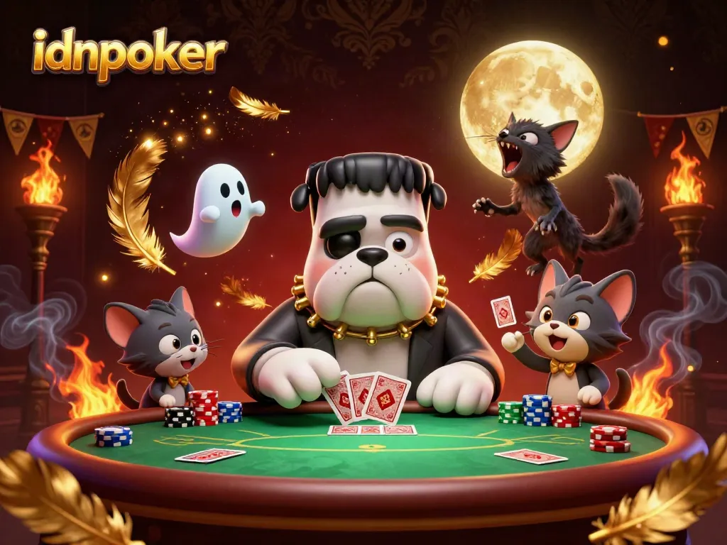 Mainkan idnpoker dengan karakter unik dalam ilustrasi 3D di meja poker yang menyeramkan.