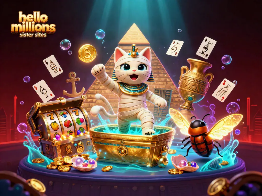 Play engaging games at hello millions sister sites with a 3D mummy cat and glowing artifacts.