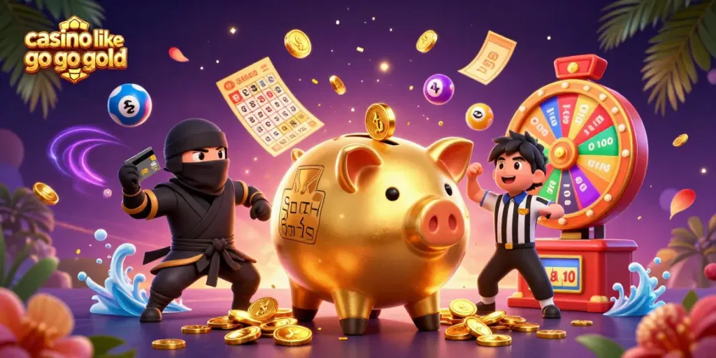 Engaging scene depicting popular casinos like Go Go Gold featuring colorful elements, golden coins, and animated characters.
