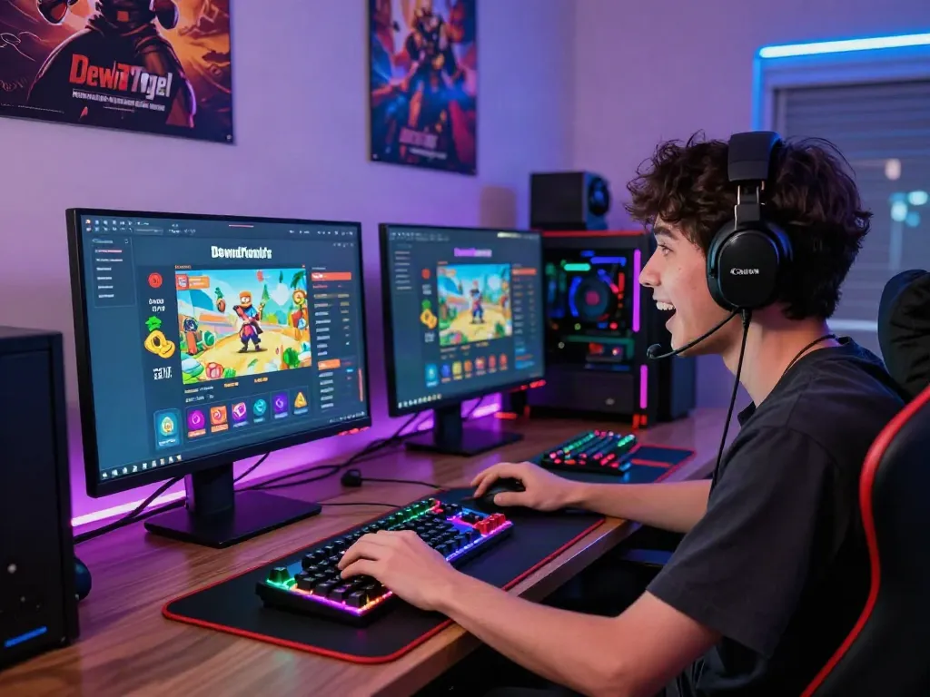 Player excitedly using DewaTogel platform for online gaming in a vibrant gaming setup