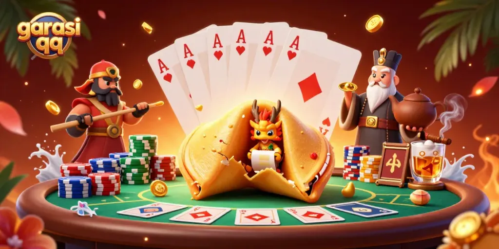 Experience excitement at garasi qq with a dynamic scene of characters and poker elements in action.