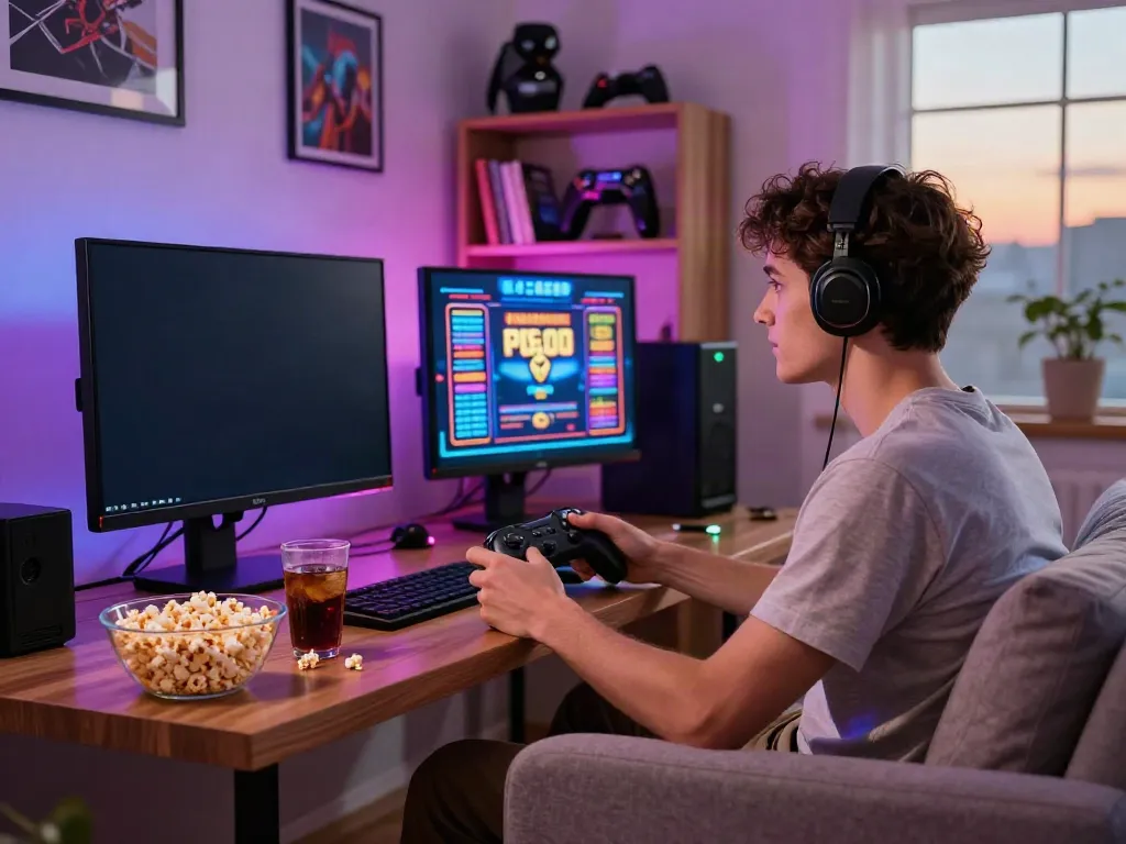 Exciting PG SLOT gaming setup in a cozy living room with controller, snacks, and vibrant visuals.