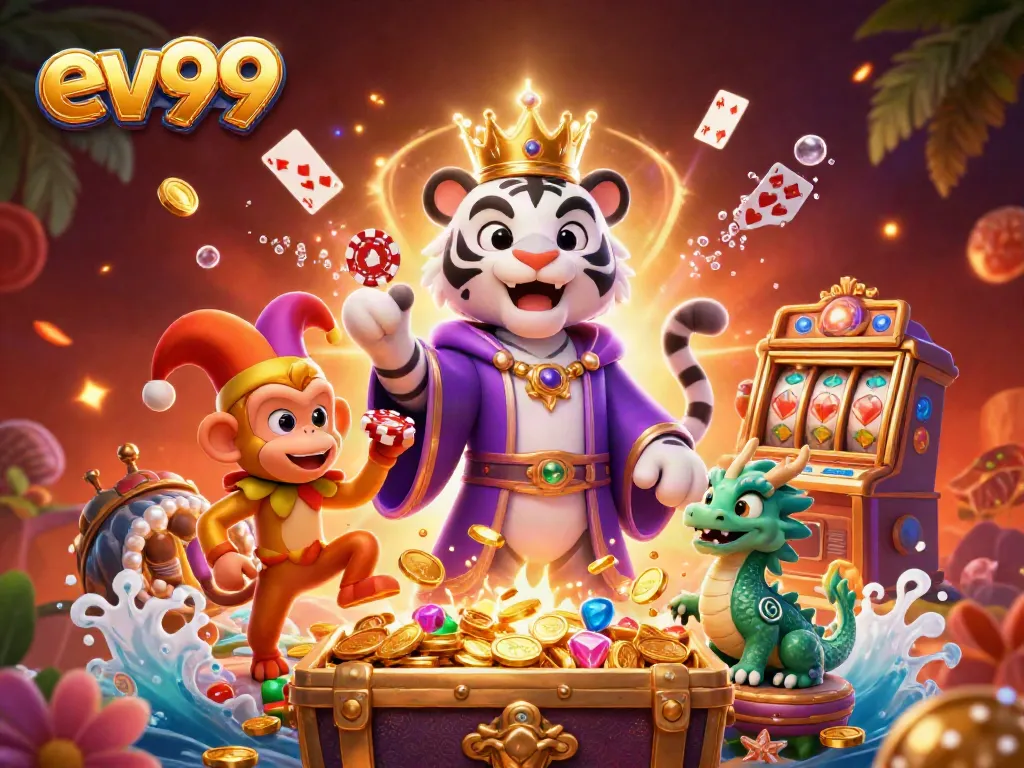 Experience the thrill of ev99 with a tiger royalty, monkey juggler, and vibrant casino elements.
