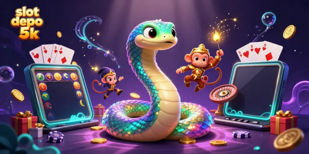 Engage with the captivating slot depo 5k featuring a rainbow serpent and monkey king in a magical casino world.