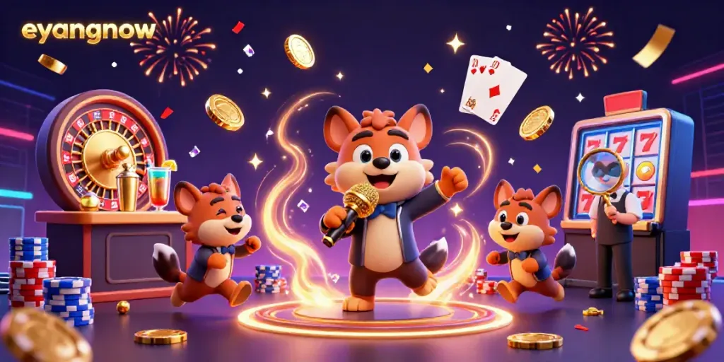 Experience the dynamic comedy casino scene with eyangnow's hyena entertainers mixing drinks and engaging the audience.