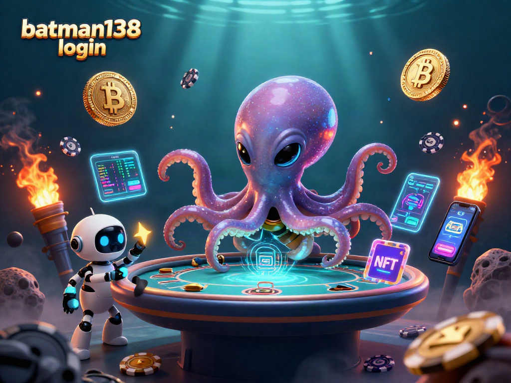 Engaging batman138 login illustration with alien characters and crypto casino elements.