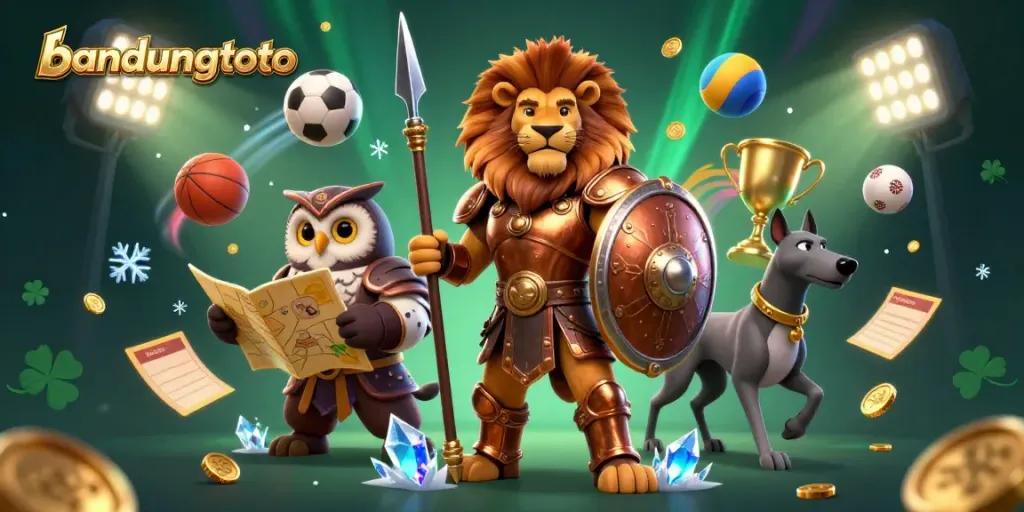 Experience exhilarating gaming action with a bandungtoto theme, featuring a Spartan lion and dynamic sports elements.