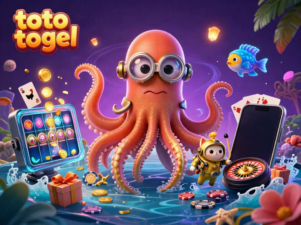 Engage with exciting toto togel gameplay as a colossal kraken and diving cat showcase the thrill of online gambling.