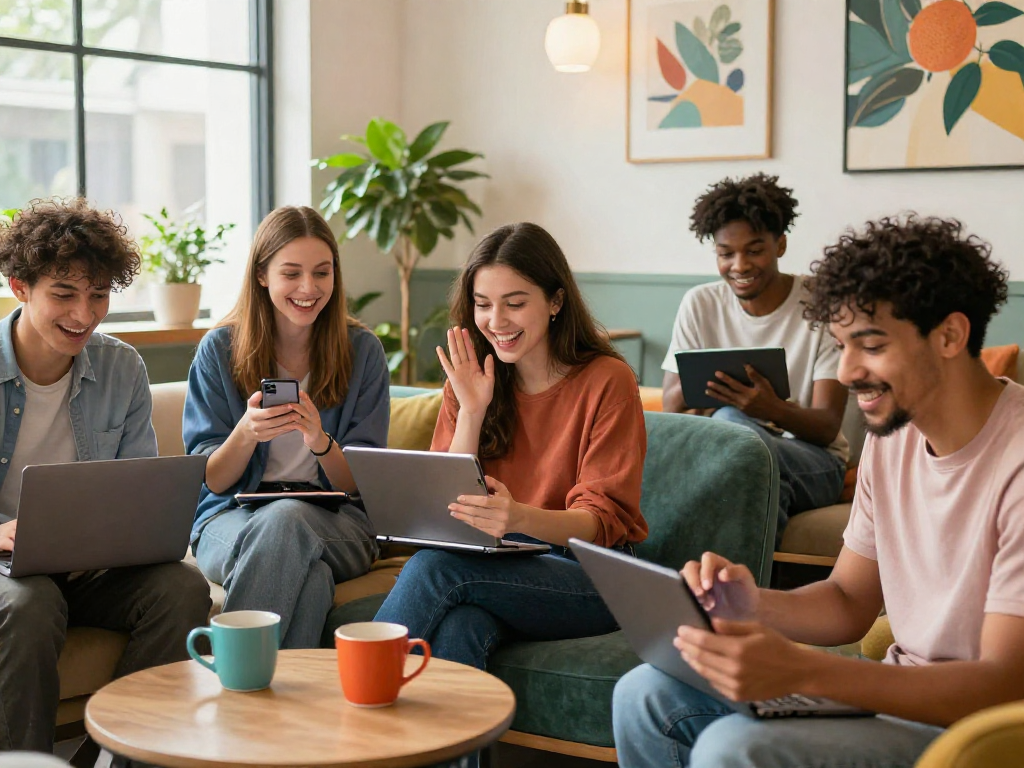 Engaging nsfw chat scene with diverse individuals using laptops and smartphones in a cozy setting.