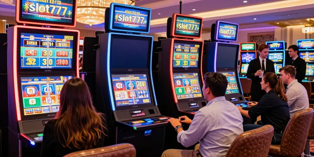 Pemain merasakan kegembiraan di mesin slot777 di kasino mewah.