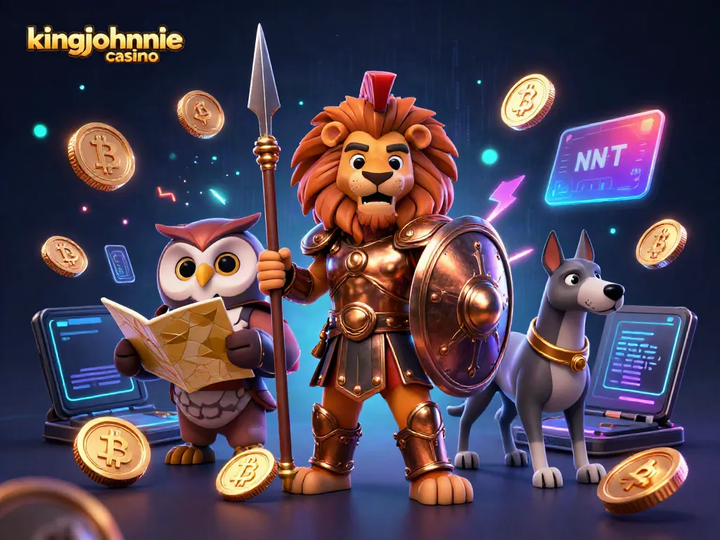 Experience excitement at kingjohnnie casino with a dynamic scene of a Spartan lion, owl strategist, and greyhound among crypto elements.