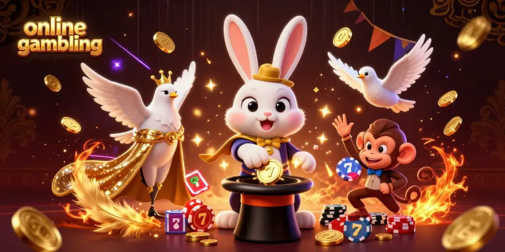 Experience online gambling with a magician rabbit, glamorous dove, and monkey amidst vibrant casino elements.