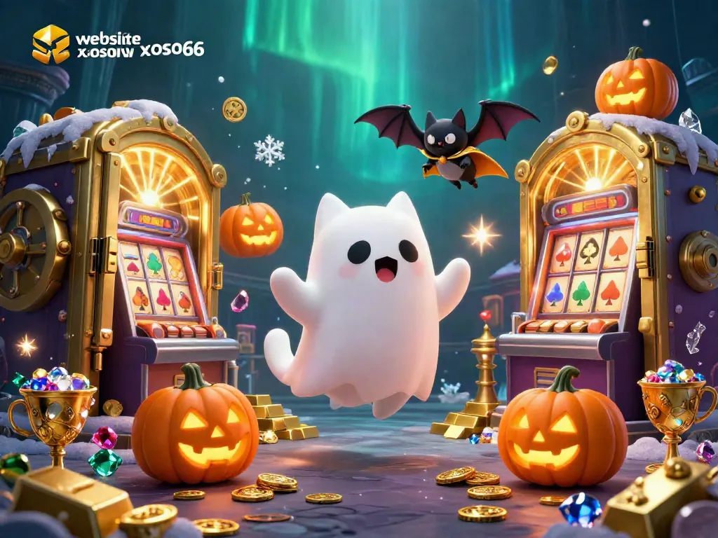 Engaging illustration of a friendly ghost cat and bat in casino, featuring elements from website xoso66.