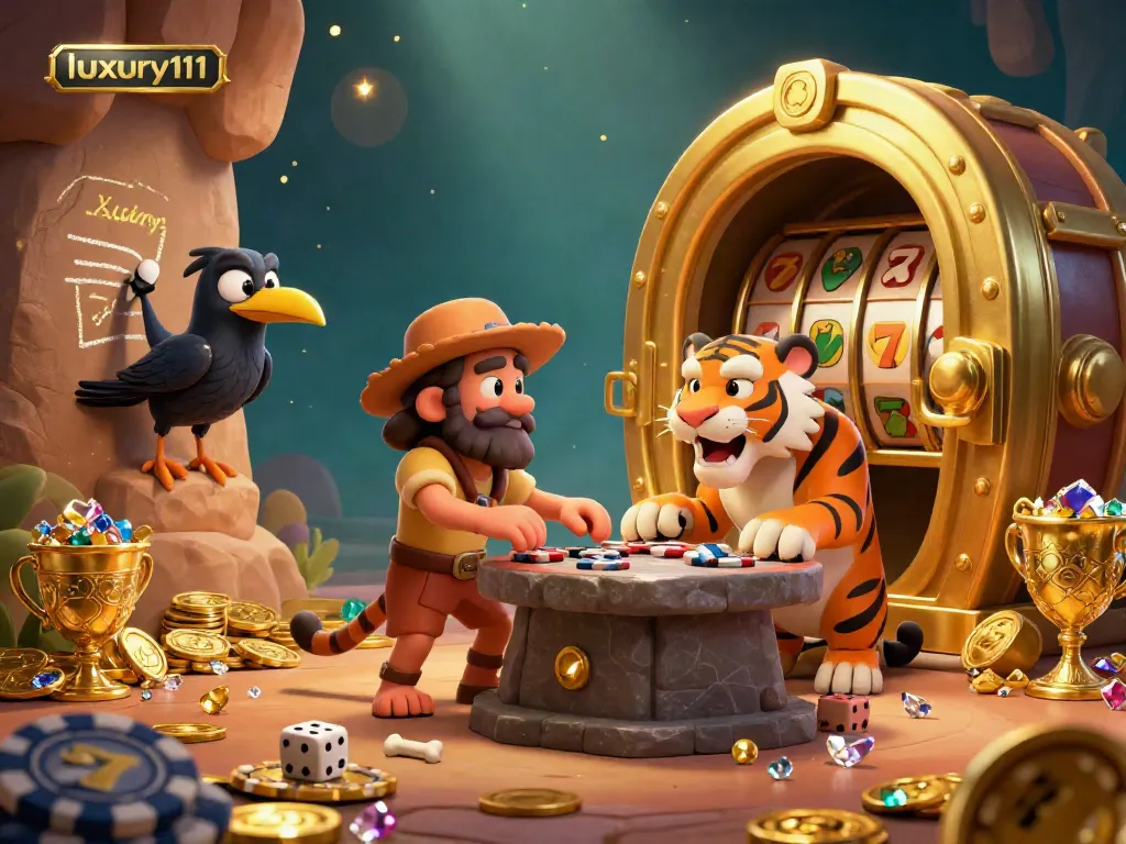Experience thrilling slot games with luxury111 in a vibrant prehistoric casino scene.