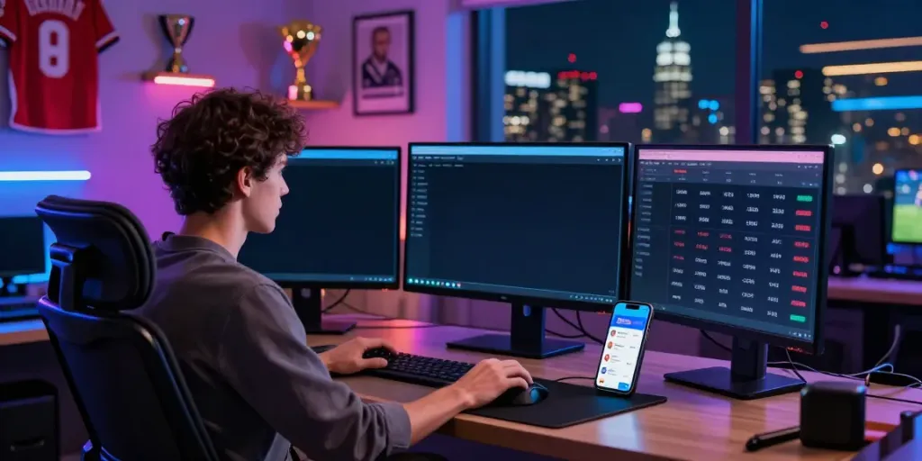 DewaGG online betting platform with user engaging in live sports betting surrounded by vibrant city skyline.