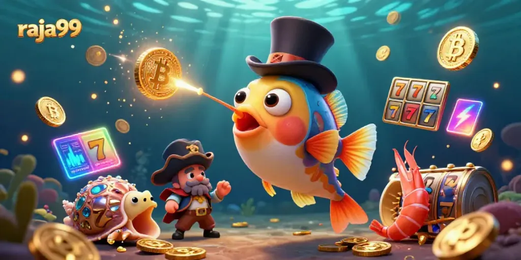 Experience the thrill of raja99 with golden coins and jackpot symbols in an interactive underwater scene.