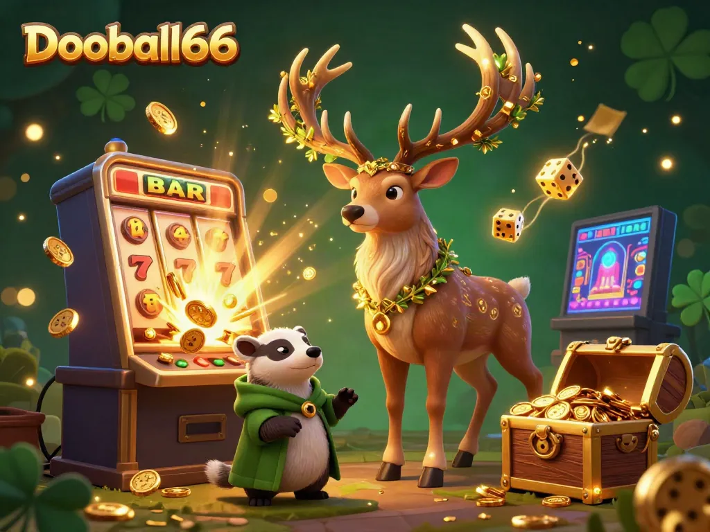 Capture the excitement at Dooball66 with vibrant 3D digital art featuring a druid stag, badger, and dynamic casino elements.