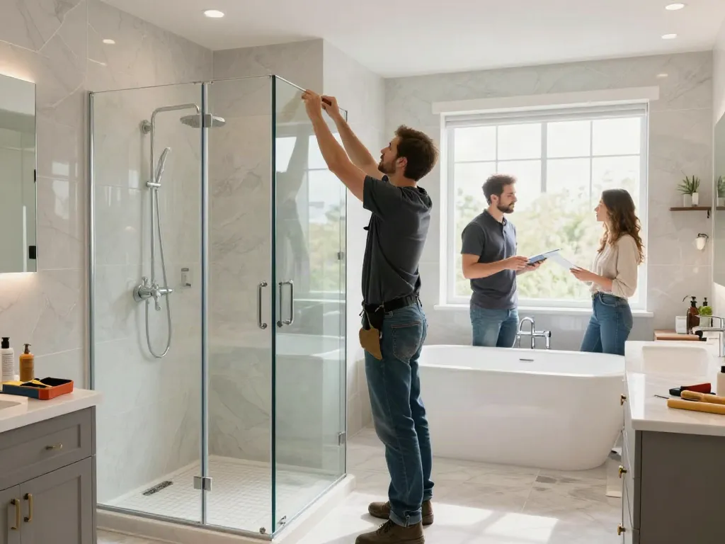 Bellevue bathroom remodeling contractor installing a modern walk-in shower in a stylish bathroom.