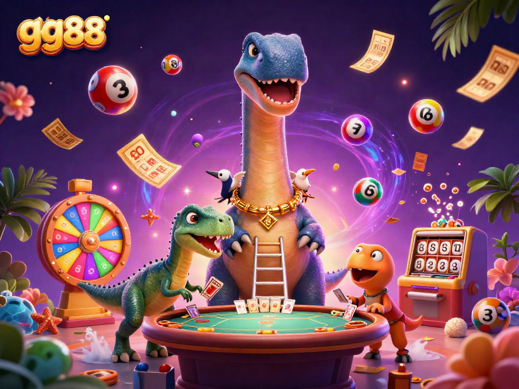 Experience vibrant wins at gg88 while a brontosaurus peeks into a lively casino poker scene.