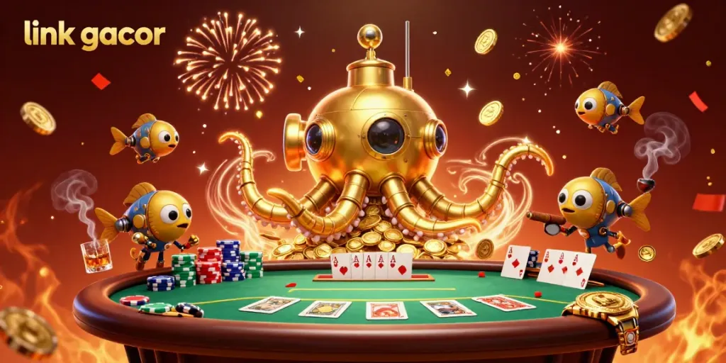 Engage with link gacor in this vibrant casino scene featuring a cartoon kraken submarine, poker elements, and golden coins.