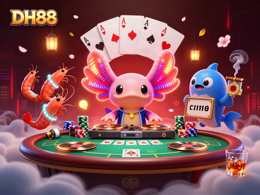 Experience the vibrant world of DH88, where playful axolotls DJ and shrimp dance at a lively poker table.