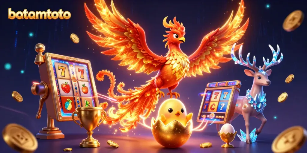 Engage with batamtoto's dynamic 3D scene featuring a majestic phoenix and vibrant slot elements.