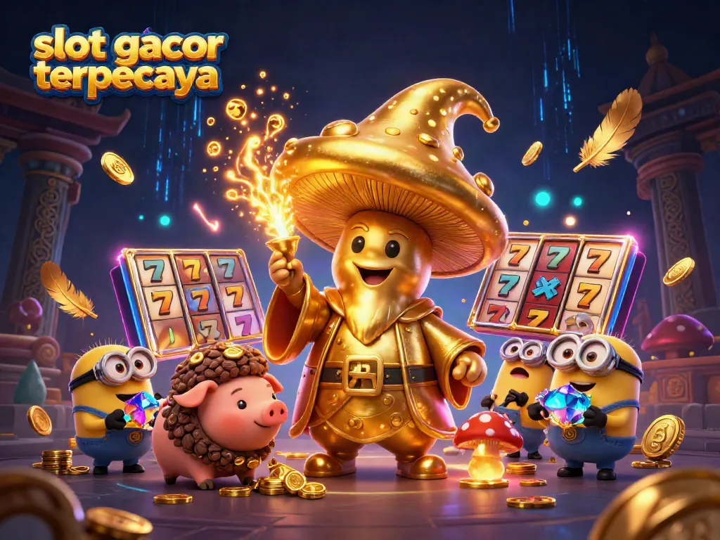 Slot gacor terpercaya, ilustasi magis dengan karakter kartun berputar dan simbol keberuntungan di lingkungan kasino.