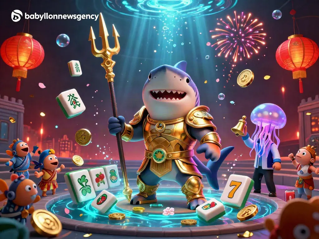 Experience the thrilling underwater colosseum of babylonnewsagency, featuring a shark in gladiator armor surrounded by slot reels and lucky symbols.