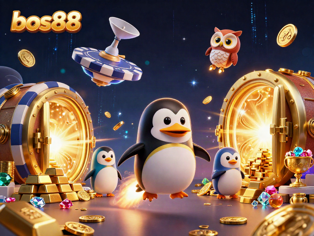 Gim slot menarik di bos88 dengan ikon koin emas dan penguin bertenaga roket.