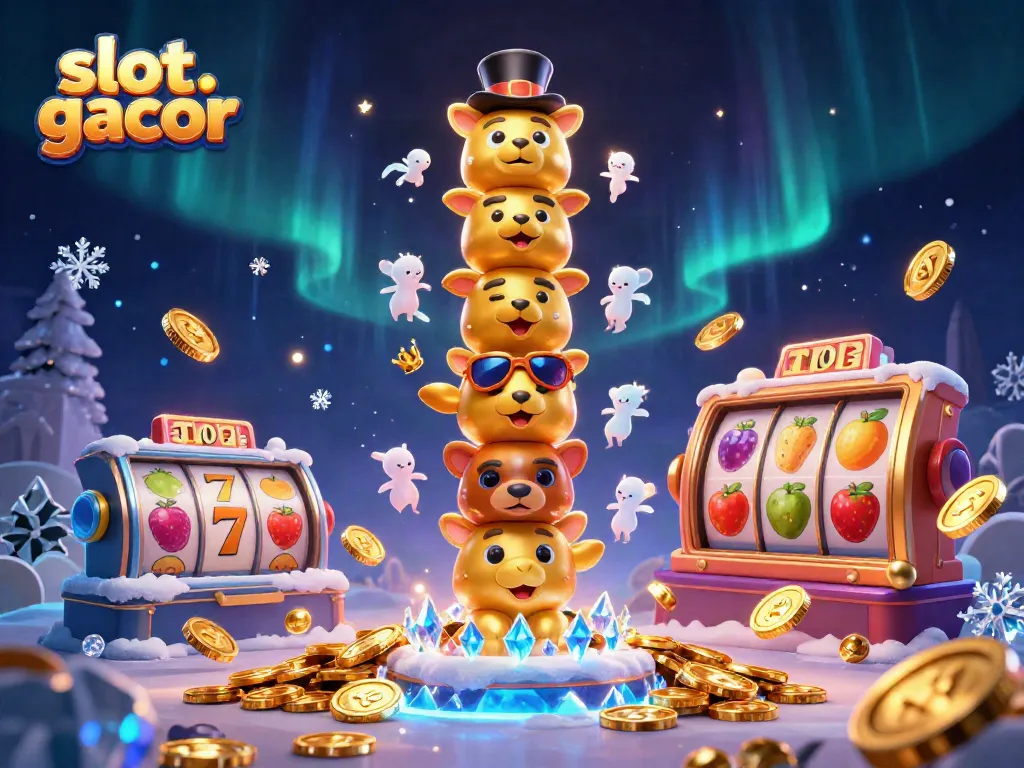 Experience the excitement of slot gacor with a vibrant casino-themed illustration showcasing animated totem characters amidst slot elements.