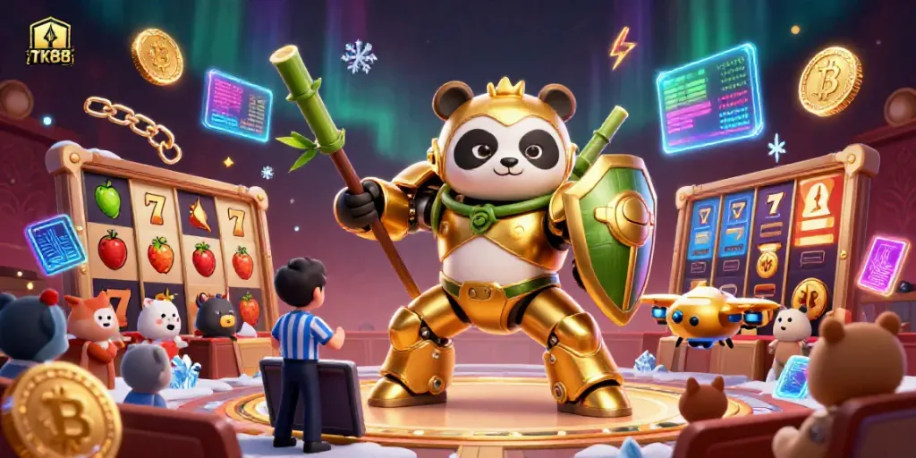 Engage in dynamic gaming at TK88 with slot reels and cheering animal spectators in an arena.