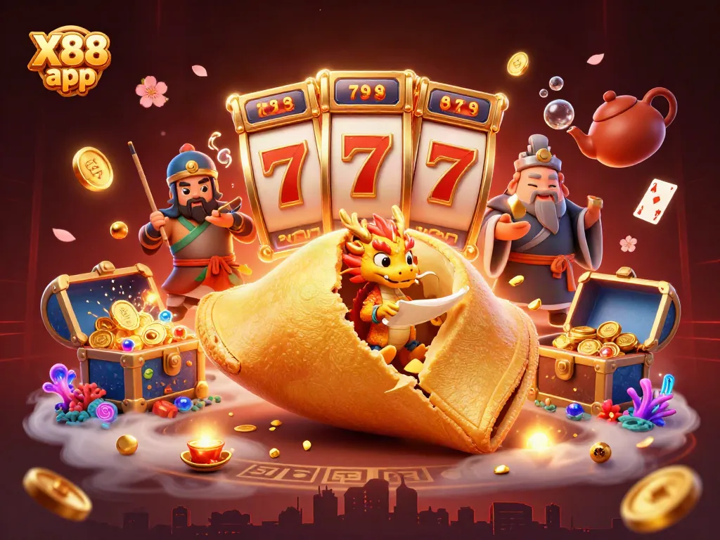 Engage with the X88 app's excitement, featuring a golden fortune cookie and dragon surrounded by casino elements.