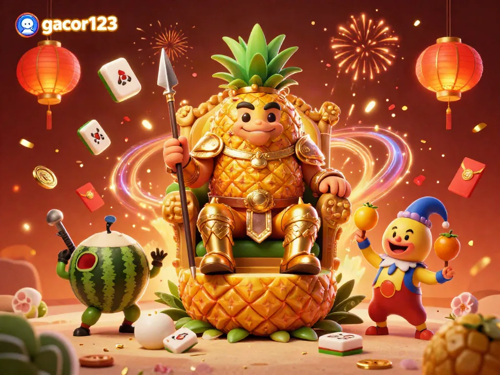 Engage with gacor123 in this vibrant 3D illustration of a golden pineapple king and tropical allies in an exciting casino atmosphere.