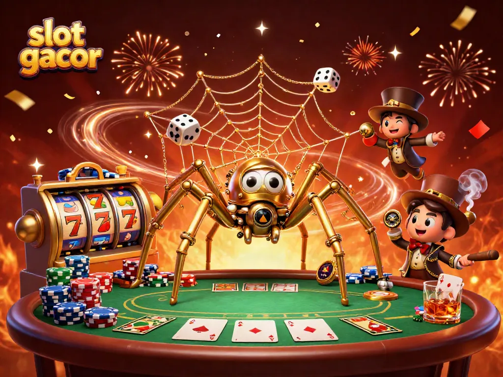 Menangkan slot gacor dengan simbol keberuntungan, poker chip, dan atmosfer kasino yang meriah.