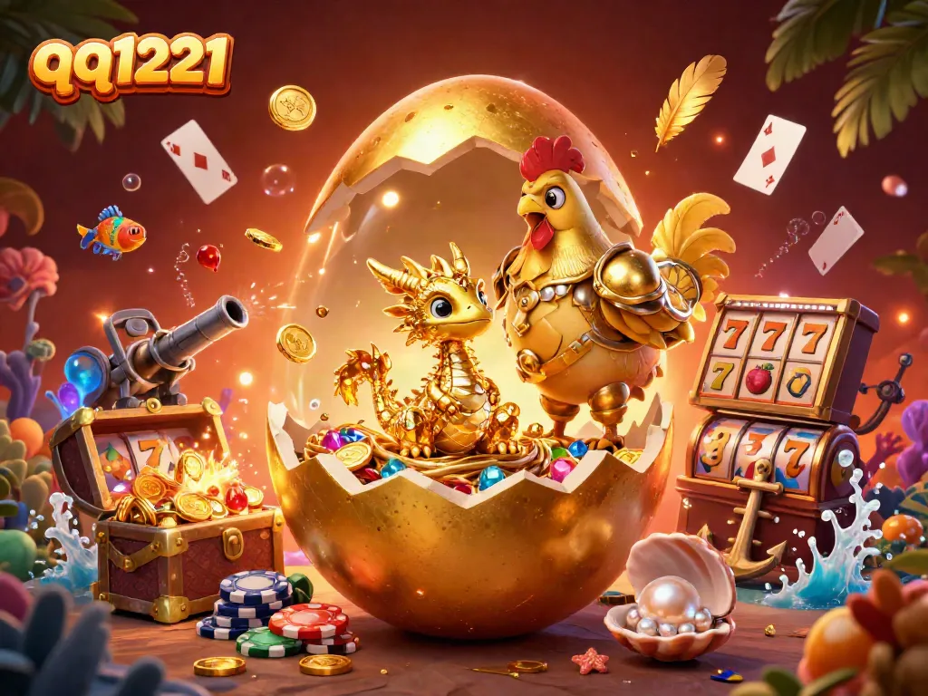 Experience the thrill of QQ1221 with a golden dragon, slot reels, and shimmering treasures in captivating illustration.