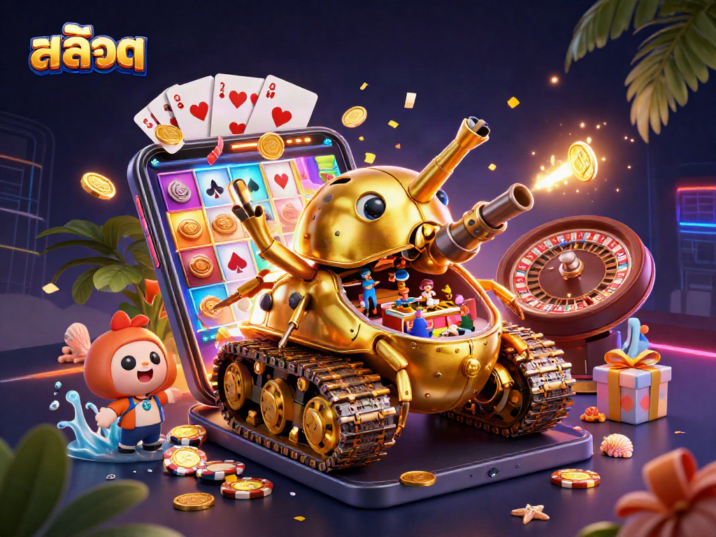 Engage with สล็อต in an ultra-detailed 3D scene featuring a golden beetle tank revealing a mini casino.