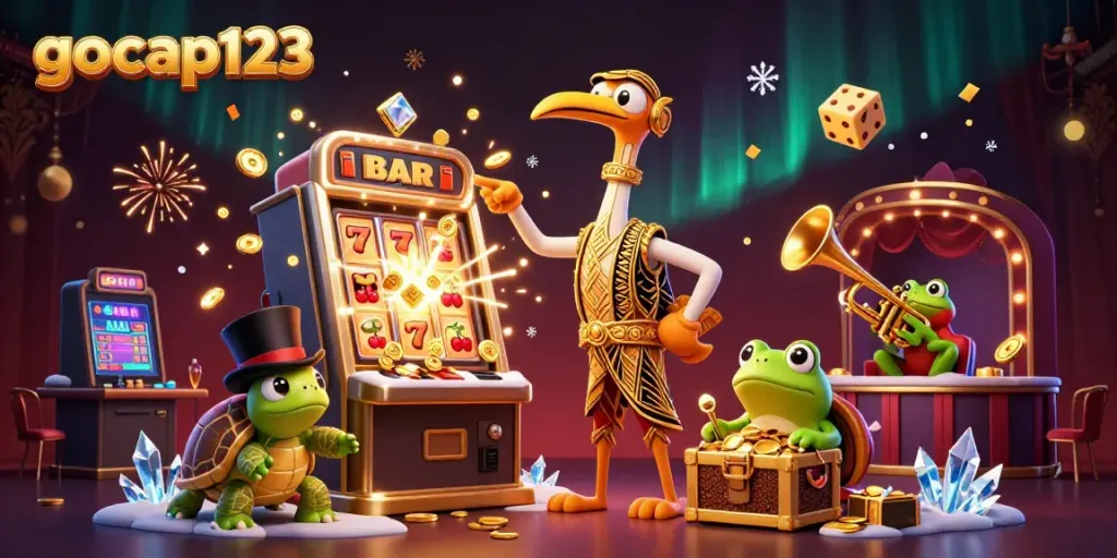 Gocap123 menghadirkan pengalaman bermain slot dengan karakter unik dalam suasana kasino bergaya speakeasy.