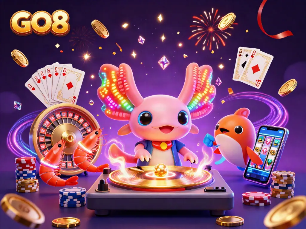 GO8 captures an electrifying casino scene with a vibrant axolotl DJ, dancing shrimps, and dynamic game elements.
