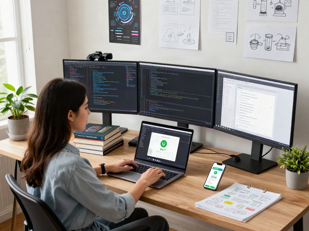 App developer integrating features of GB WhatsApp in a modern workspace, showcasing technology and creativity.