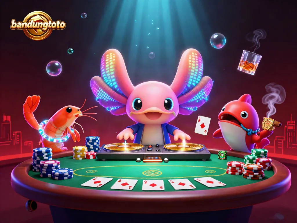 Experience bandungtoto thrills with a vibrant 3D casino illustration of lively characters and poker elements.